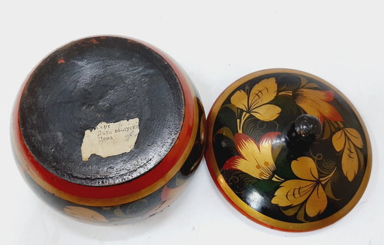 Image 1 of Vintage Hohloma Wooden Sugar Bowl, Box with Lid