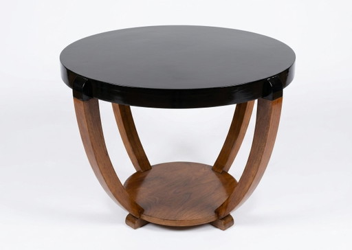 Zeldzame grote art-deco sokkeltafel/salontafel met sabelvormige poten (1930) – zwart gelakt en walnoothout – bijzettafels