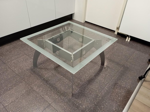 Glass corner table, 80 x 80 cm with sandblasted edge.