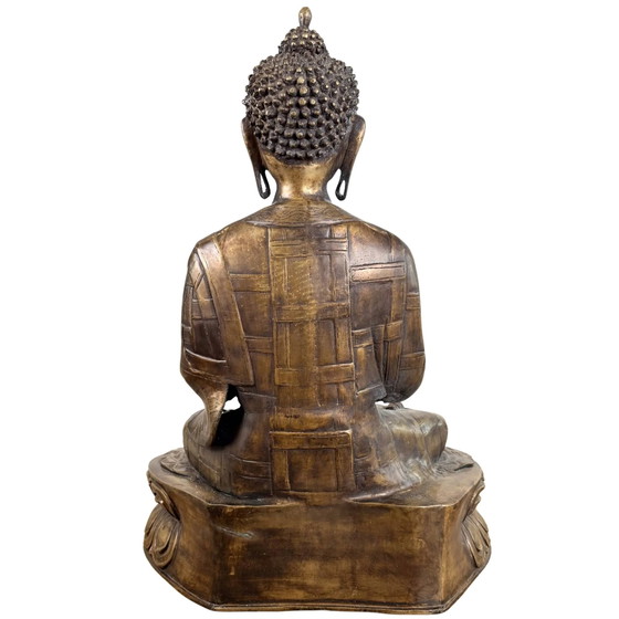 Estatua Monumental Antigua Bronce Dorado al Fuego Buda Shakyamuni – Túnica Kasaya Campo Arroz – Siglo XVIII (photo 6 of 10)