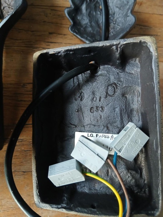 Image 1 of Rari e unici 2 o 4 applique da parete in bronzo con motivo a foglia di pianta di Lucien Gau, modello Folio