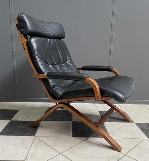 Poltrona a dondolo in pelle Ingmar Relling anni '70