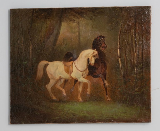 Image 1 of Early 19th Century Oil Painting with Two Horses, ca. 1820–1840