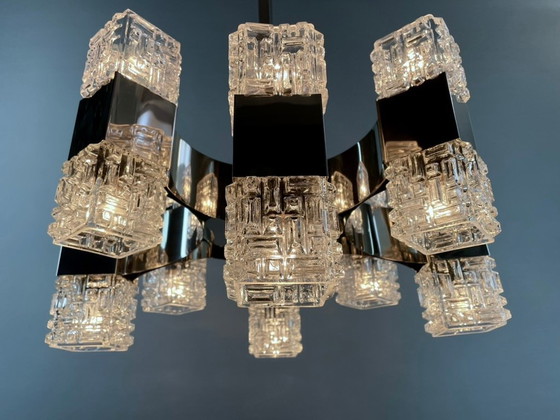Image 1 of Italian 1970s Chandelier Attributed to Targetti, 16 Lights, Art Glass & Chrome Steel. Modernist Design