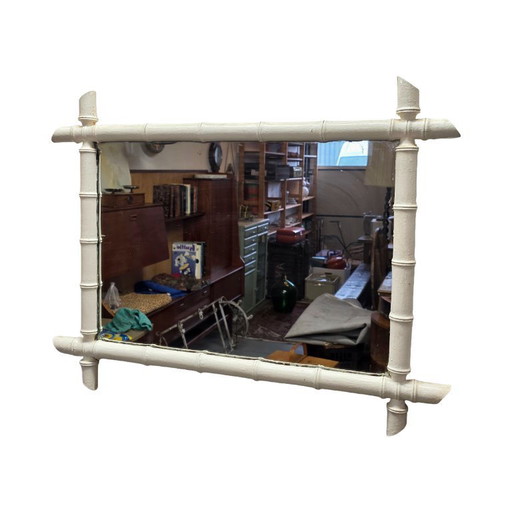 Large vintage white faux bamboo mirror