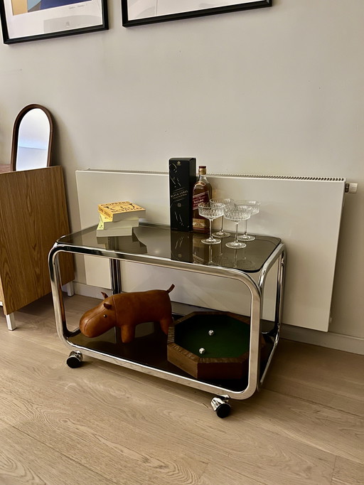 Stylish vintage side table/serving trolley – chrome & glass