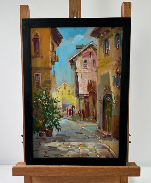 Original Oil Painting City Street Landscape Life between walls