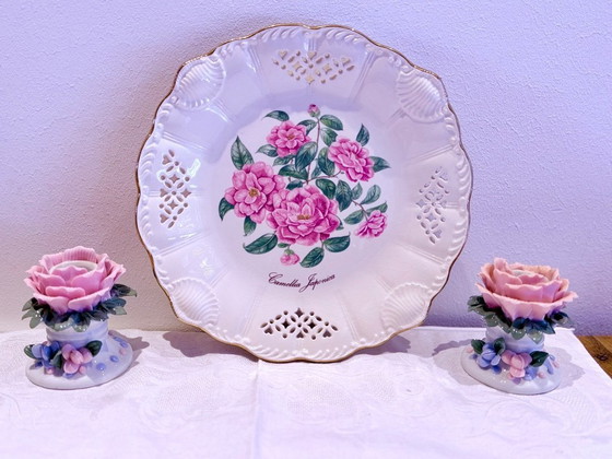 Image 1 of Vintage Crown Davenport Porcelain Plate Set – 6 Floral Decorative Plates – Shabby Chic Cottage Style