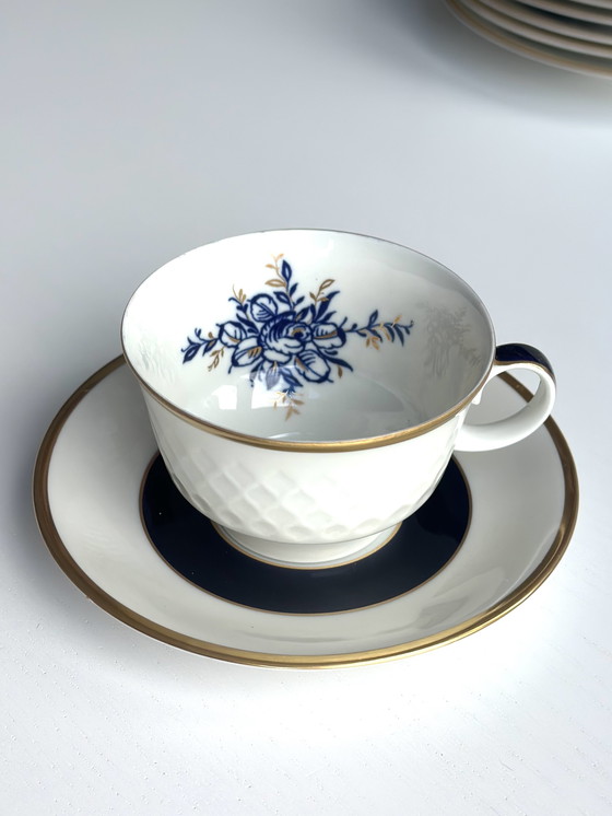 Image 1 of Fine China - Servizio in porcellana della RDT, 22 pezzi | Blu e oro, pareti sottili