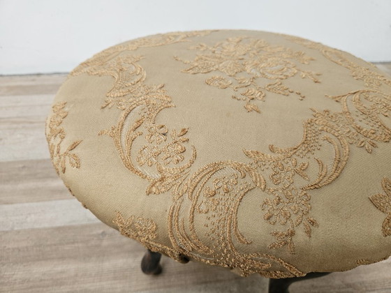 Pouf vintage in noce con seduta rivestita in tessuto, anni '40 – Poggiapiedi e pouf, Textile, Wood (photo 5 of 8)