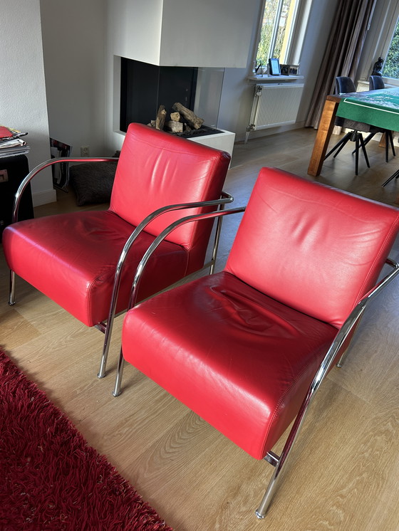 Image 1 of 2X Cristian Red Leather Italian Armchairs