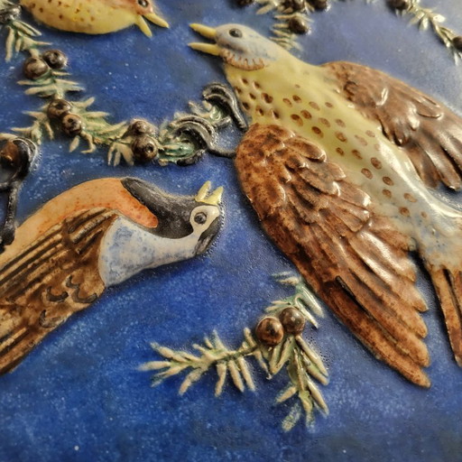 Cadre murale, plaque oiseaux en céramique émaillée bleu Majolika Karlsruhe vers 1950,60 
