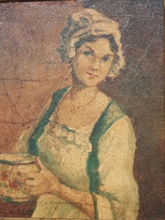 Image 1 of Olio su tela, Michel Capron, Giovane donna con ciotola, circa 1950