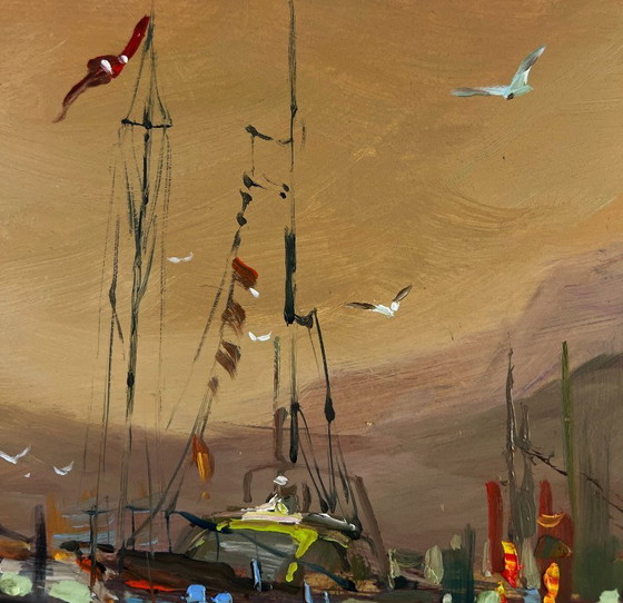 Image 1 of Original Oil Painting Evening Coastal Landscape Yachts in the sea under the gentle sun