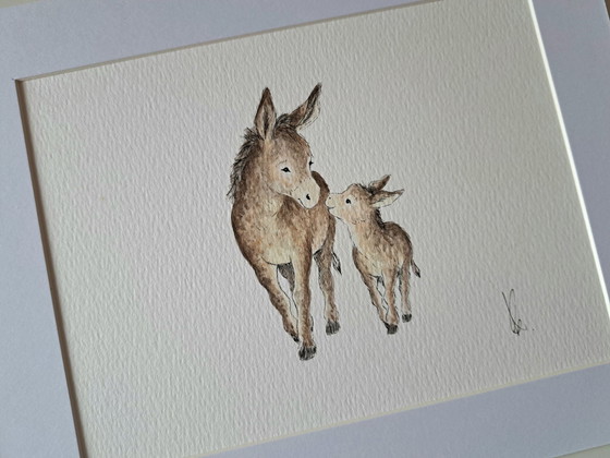 Original watercolor painting donkeys | Including frame, Paintings & Drawings, Paper, Brown (photo 2 of 5)