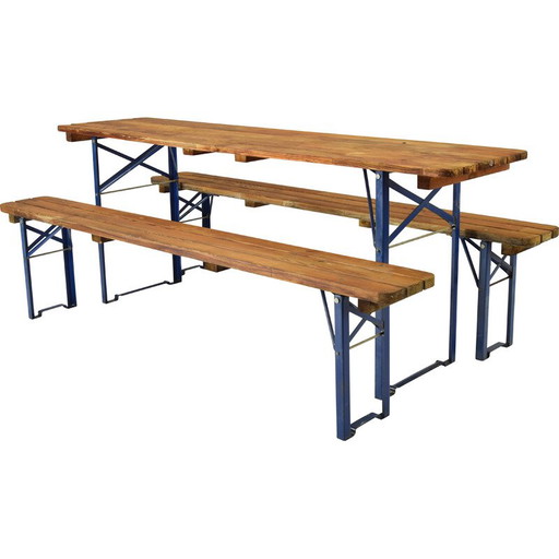 Tavolo e panche vintage in legno di pino e ferro laccato blu, Germania 1970