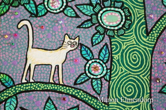 Image 1 of Original Hand-Painted Small Painting White Cats in a Tree
