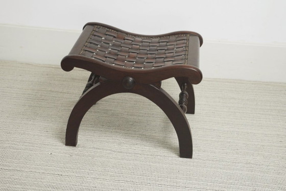 Spanish Revival Leather Stool Woven Leather Footstool Vintage Spanish Colonial Ottoman Rustic Wood Accent (photo 3 of 19)