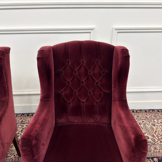 Set Chesterfield Sessel, Samt rot – Holz (photo 6 of 10)