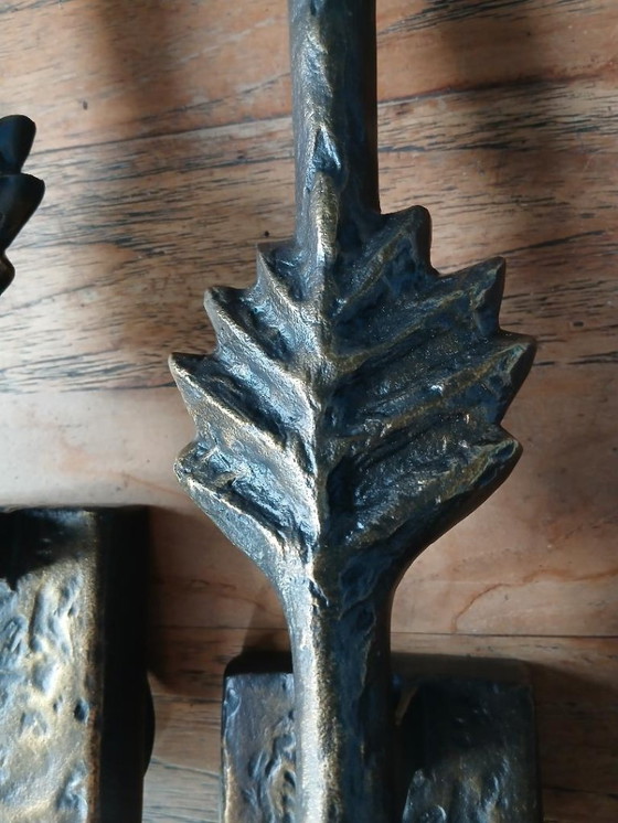 Image 1 of Rari e unici 2 o 4 applique da parete in bronzo con motivo a foglia di pianta di Lucien Gau, modello Folio