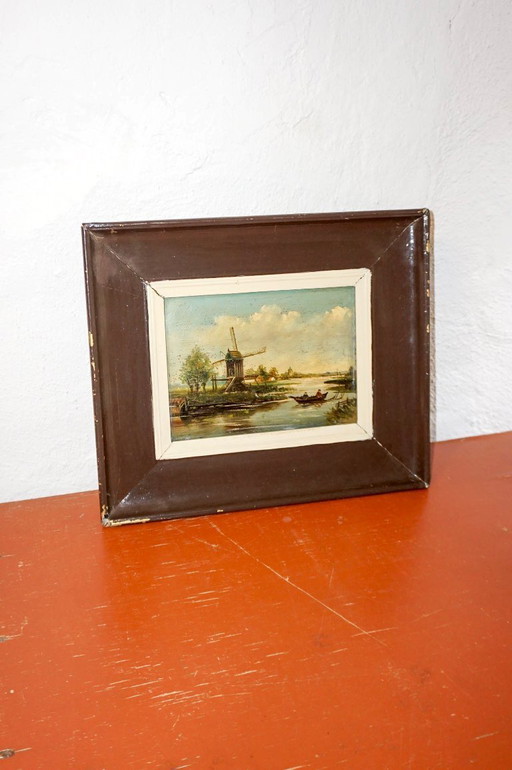 antique dutch windmill landscape oil painting * early 20th century * brown wooden frame * canal boat scene * farmhouse wall art