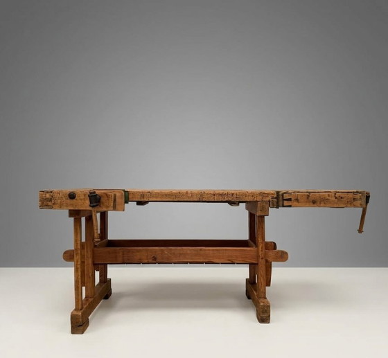 Image 1 of Établi vintage industriel en bois, établi de menuisier