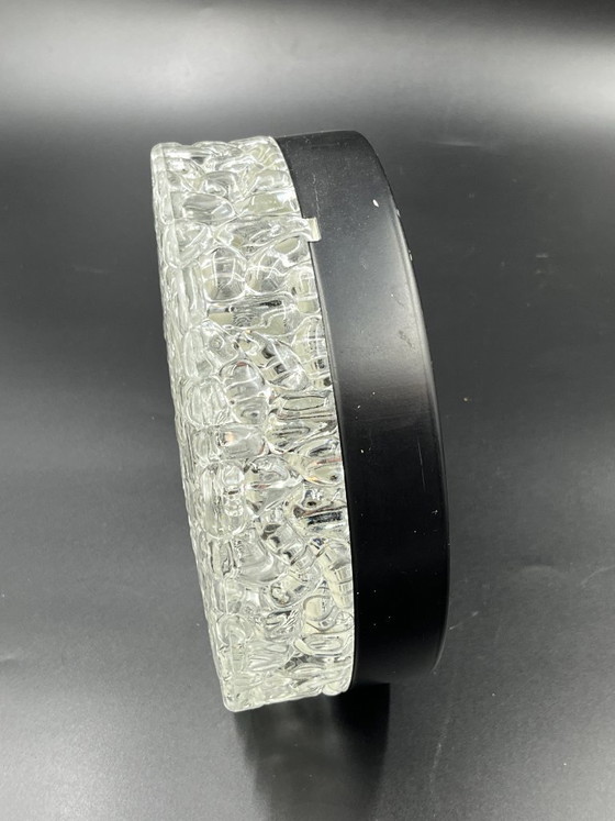 Image 1 of Brutalist round ceiling light in vintage glacier glass