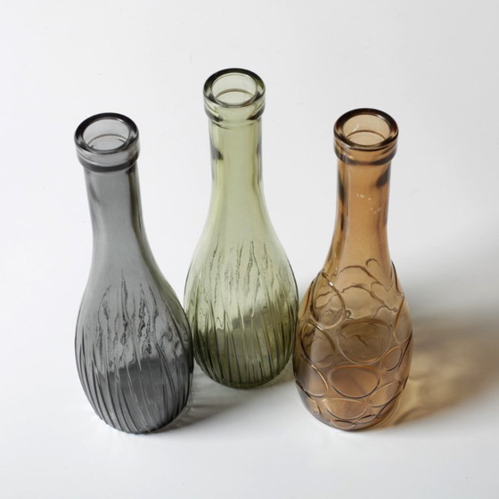 Image 1 of Set of 3 Grey, Green and Amber Glass Vases / Colored Bottles or Flower Vases / Ikea / 2000s