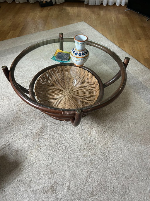 1970s rattan coffee table with glass top