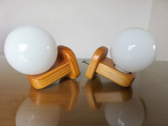 Image 1 of Pair of Scandinavian wall lights in pine and opaline glass, 1980s