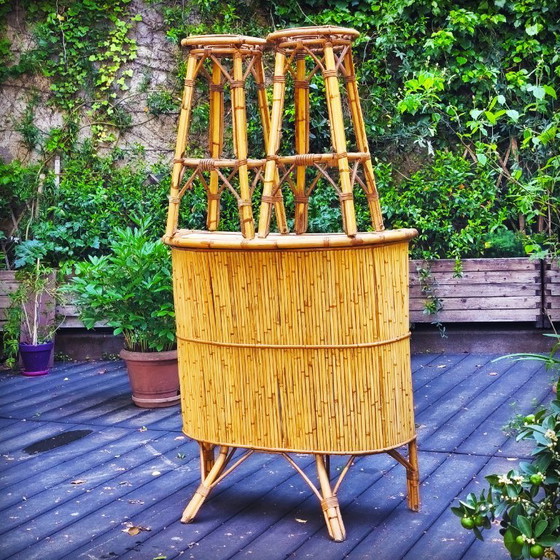 Image 1 of Tiki bar et ses tabourets vintage en rotin et bambou, France, 1950s