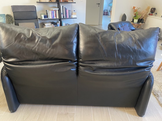 Image 1 of Set di divani in pelle nera composto da 3 pezzi Cassina Maralungo composto da 2 posti, 1 posto e poggiapiedi