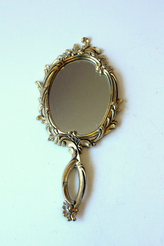 Elegante specchio a mano in ottone, specchio da trucco, vintage, Vetro, Dorato, 1970 (foto 3 di 7)