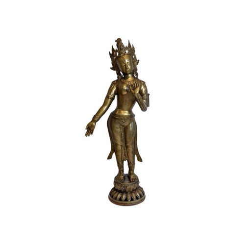 Tara debout monumentale népalaise en bronze doré au feu – XVIIIe/début XIXe siècle - 089 – beeldhouwkunst, Gold