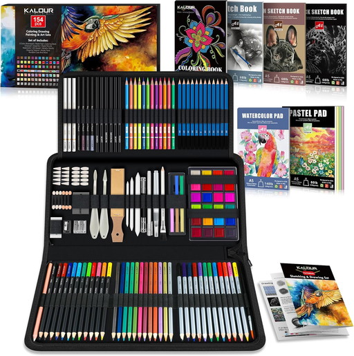 KALOUR 154 fournitures artistiques – Kit de croquis et de dessin avec carnet de croquis, livre de tutoriel, papier de coloriage 