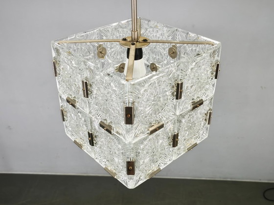 1970s Kamenicky Senov Czech Crystal Glass and Chrome Pendant Light, Chandeliers, Metal, Transparent (photo 3 of 10)