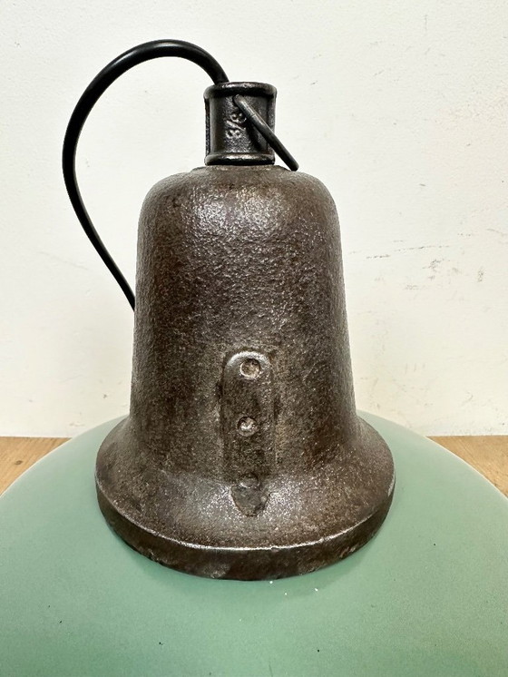 Image 1 of Industrial Green Enamel Factory Lamp with Cast Iron Top, 1960s