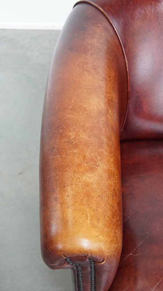 Image 1 of Sedia club in pelle di vacchetta in stile inglese con cuscino di seduta fisso