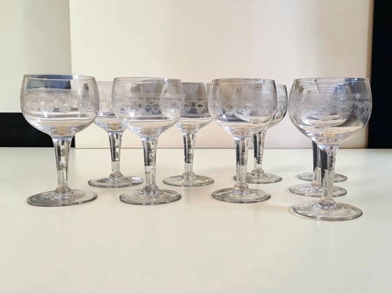 9 guilloché wijnglazen, begin 20e eeuw. – Glazen & Karaffen, Crystal, Glass (photo 2 of 9)