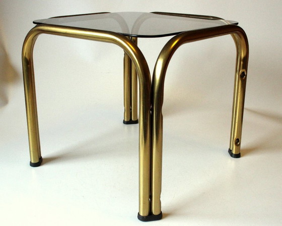 Image 1 of Small side table/plant stand, smoked glass, brass, vintage