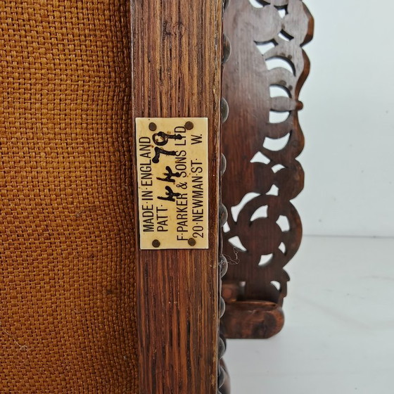 Pair of English Antique Jacobean Monk Armchairs / Tables by F. Parker & Sons Ltd – Wood, Leather (photo 9 of 16)