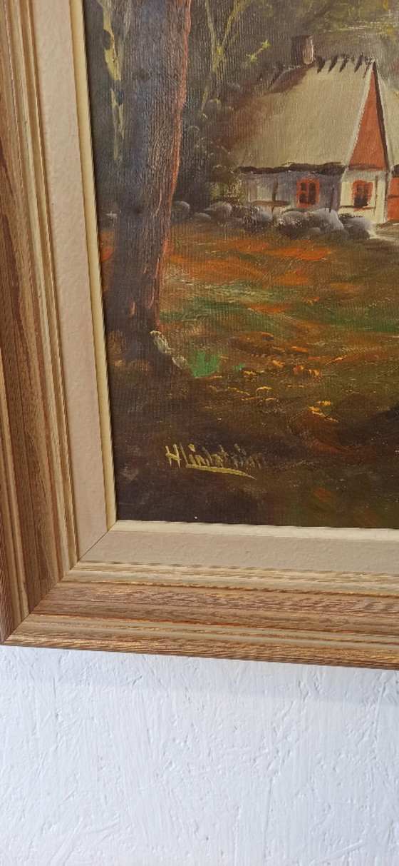Image 1 of Painting "Cottage on the Edge of the Forest." Oil on canvas. Signed.