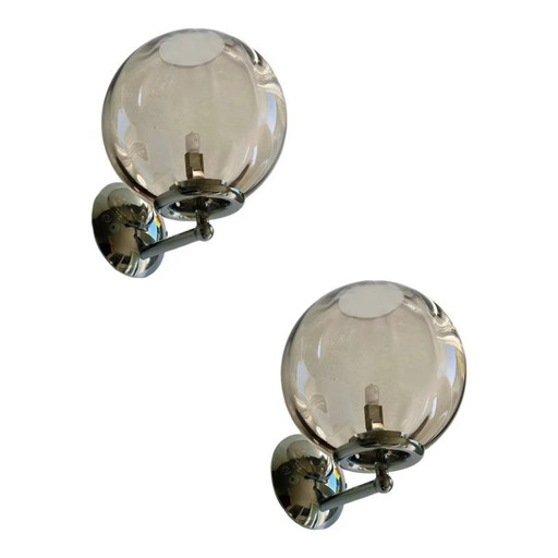 Italiaanse eigentijdse wandlampen in de vorm van bollen van gerookt Murano-glas — set van twee