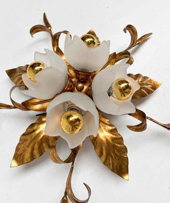 Image 1 of Vergulde XL plafondlamp of wandlamp uit Italië, 1970's