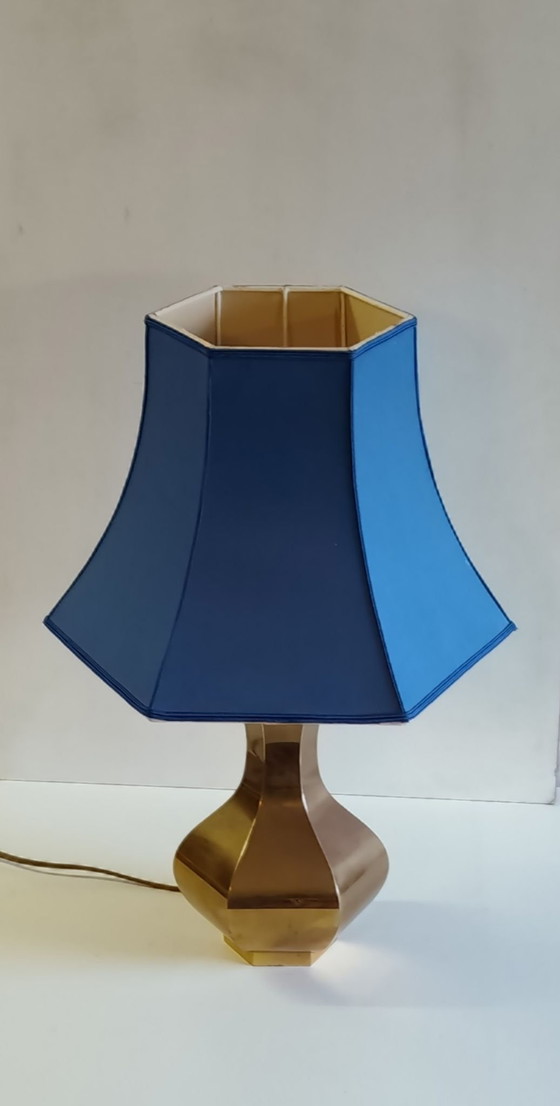 Lampada da tavolo di design anni '70 in ottone dorato e tessuto blu, Lampade da tavolo (foto 6 di 8)