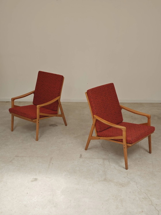 Pair of Jiri Jiroutek red armchairs by Intérier Praha – Wood, Mid Century Modern (photo 13 of 13)