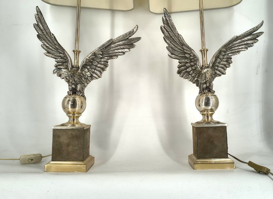 Image 1 of Een paar nikkelen adelaartafellampen van Loevsky en Loevsky, jaren 70.