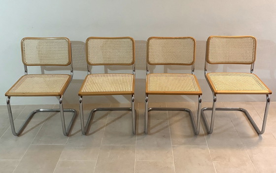 Image 1 of Set di sedie da pranzo a sbalzo in canna modello B32 in cromo di Cesca Italia, design di Marcel Breuer