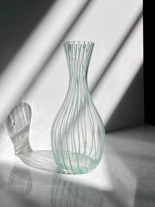 Vintage striped glass decanter carafe / vase Murano Mid - Century Mint Green Pastel 50s