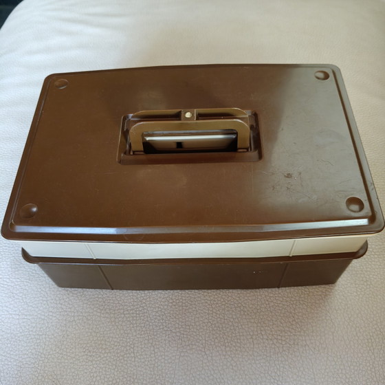 Image 1 of Scatola organizer vintage DBP Plastics Antwerp – contenitore portaoggetti marrone fumé, design belga anni '70
